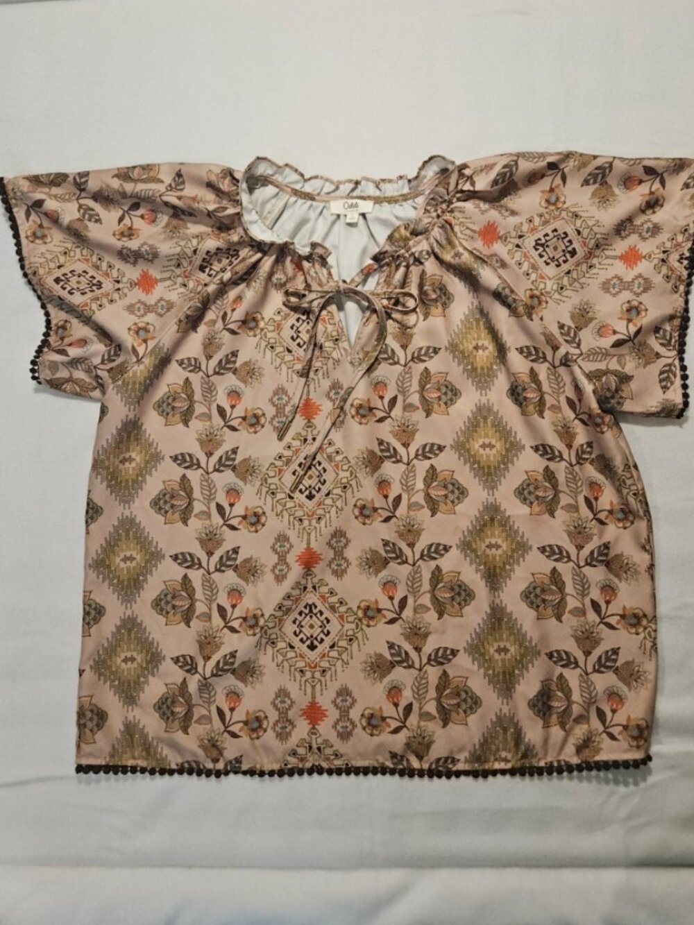 Oddi LA Tan Southwestern Floral Geometric Pom Pom Trim‎ Peasant Blouse - Large